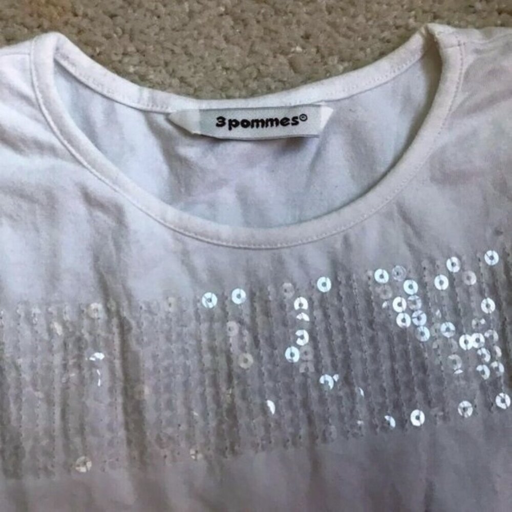 3 POMMES CLEAR SEQUINS spells LIFE  ...on WHITE girls TEE.  8